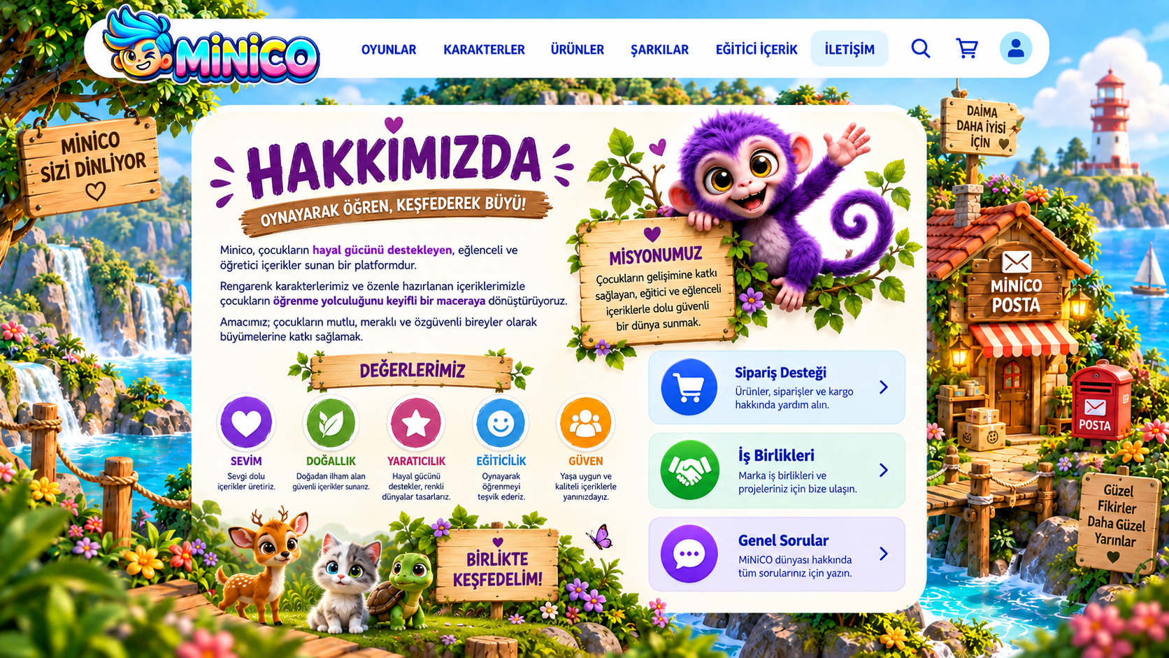 MiNiCO: learn through play, grow through discovery. About us, our mission, values and contact options.